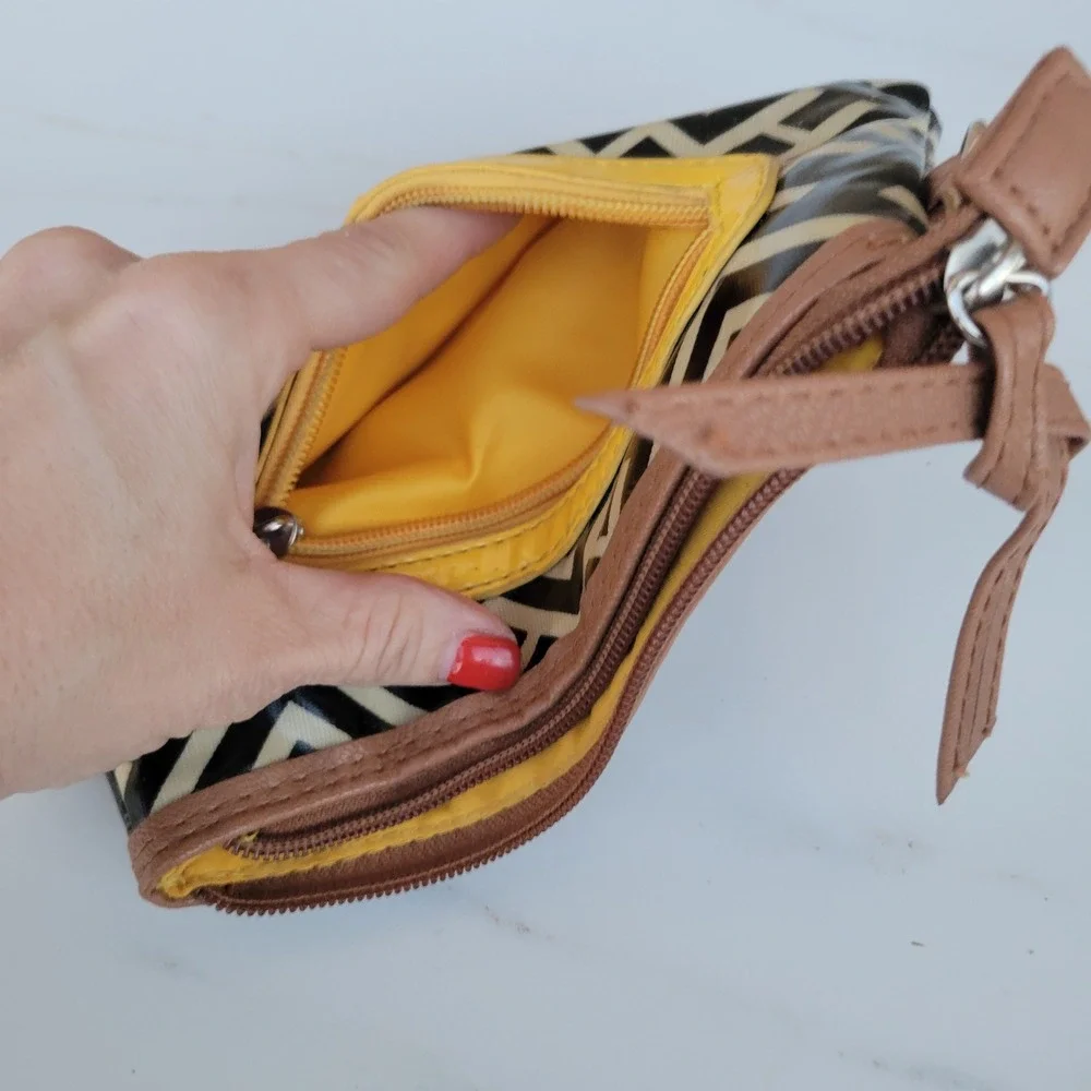Geometric Coated Canvas Zipper Pouch Black Yellow Tribal‎ Pattern Makeup Bag